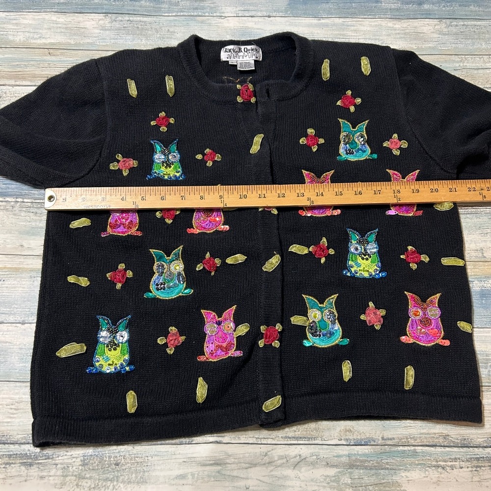 Jack B. Quick Owl Cardigan Sweater Large Black Embellished Bird Granny Grandma - Picture 6 of 9